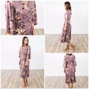 Soft orchid plum purple floral faux wrap dress.